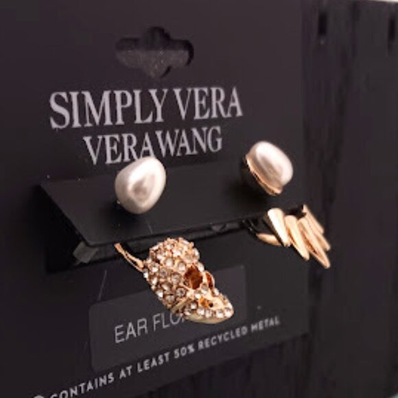 VERA WANG Goth Halloween Gold Skull Head Spikes White Pearl Front Back Earrings - Picture 2 of 4